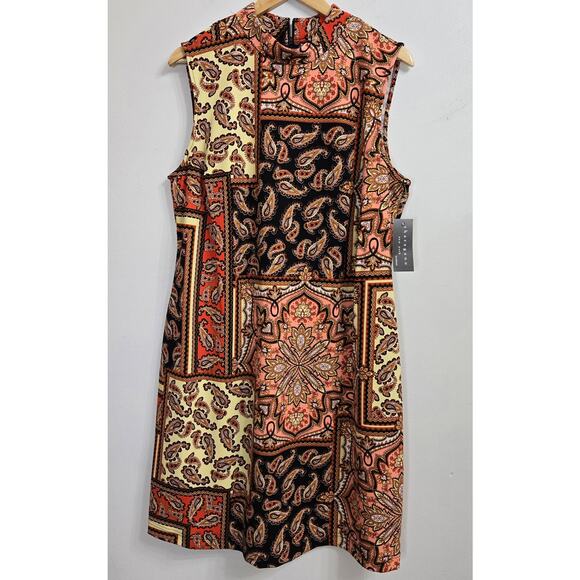 NWT Sharagano Boho Chic Paisley Patchwork Print Maximalist Retro Mini Dress 16W - Picture 1 of 12